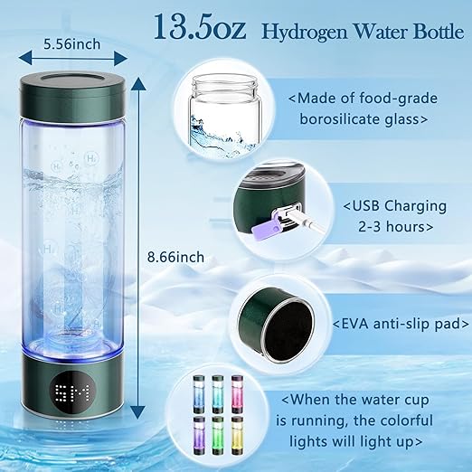 Hydrogen Water Bottle 13.5 OZ (400ml) Portable Hydrogen Water Ionizer Machine with SPE PEM Technology LED Display Hydrogen Water Generator for Home Travel Office Exercise