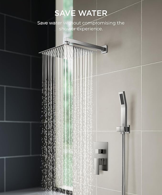FORIOUS Rain Shower Head System, 10 Inch Shower Faucet Set with with handheld combo, Solid Brass Pressure Balanced Valve and Trim Kit Fixtures, Wall Mounted, Brushed Nickel (Stainless Steel, 12 inch)