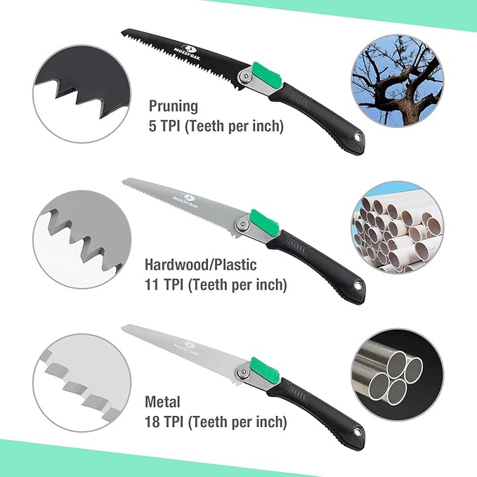 MOSSY OAK 3 in 1 Folding Saw, Pruning Hand Saw with Wood, Metal and PVC Blade, Camping Saw for Backpacking, Hunting and Bushcraft, Pouch Included