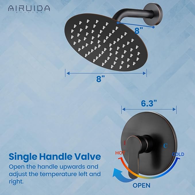 Airuida Shower Faucet Set,8 Inch Round Rainfall Shower Head,SUS304 Stainless Steel Single Handle Shower Trim Kit,Wall Mount Bathroom System with Female Threads Valve Oil Rubbed Bronze