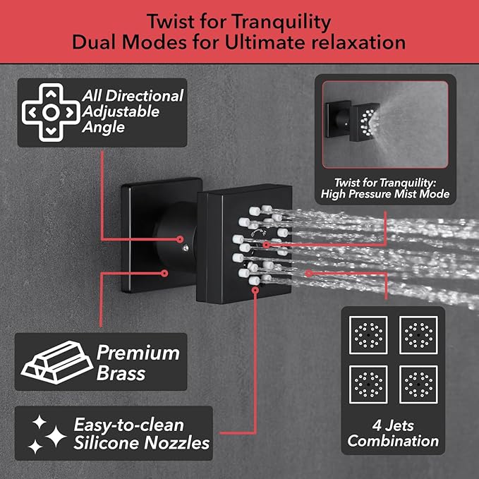 VANFOXLE Shower Faucet Set Matte Black Shower System,Four Modes Shower Faucet with 2 in 1 Handheld,Ceiling Mount 10 Inch Shower Head with 6 Inch Shower Head, 4 PCS Dual Modes Body Jets