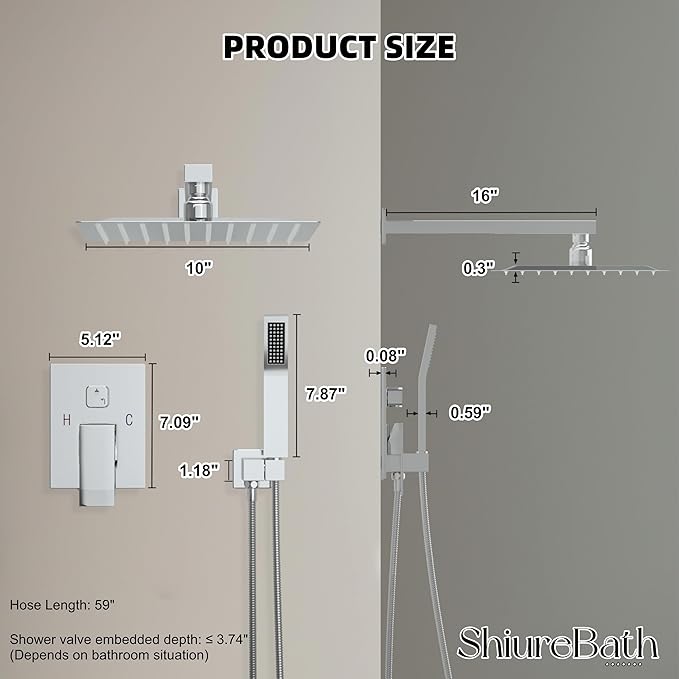 10 Inch Shower Faucet Set, Rainfall Shower System with Square Fixed Shower Head and High Pressure Handheld Shower Head, Spray Wall Mounted Rainfall Shower Fixtures, Polished Chrome