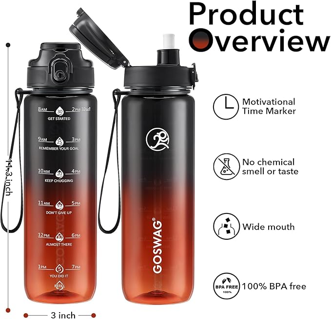 GOSWAG Water Bottles, 32 oz Motivational Sports Water Bottle with Straw and Time Marker to Remind You to Drink, Comes with Carry Strap, Leakproof