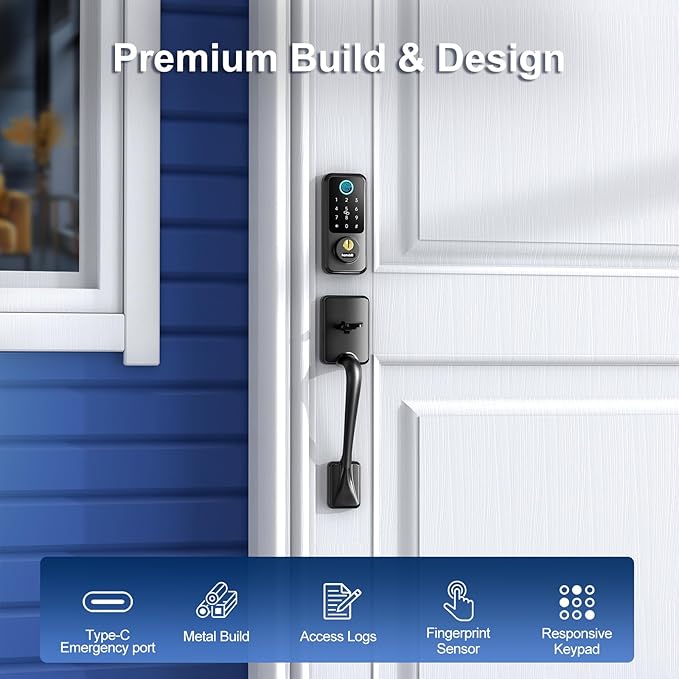 Hornbill Keyless Entry Smart Lock Set, Electronic Deadbolt Front Door Lockset, Keypad Entry Door Lock for Airbnb House Back Front Door, Matte Black