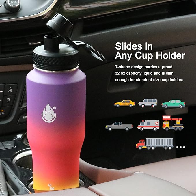 SENDESTAR Water Bottle 32oz,2 Lids(Straw lid),Wide Mouth Stainless Steel Vacuum Insulated Double Wall Keep Liquids Cold or Hot All Day,Sweat Proof Sport Design,Fit Car Cup Holder(Havana)