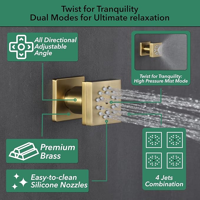 VANFOXLE Shower Faucet Set Brushed Gold Shower System,Four Modes Shower Faucet with 2 in 1 Handheld,Ceiling Mount 10 Inch Shower Head with 6 Inch Shower Head, 4 PCS Dual Modes Body Jets
