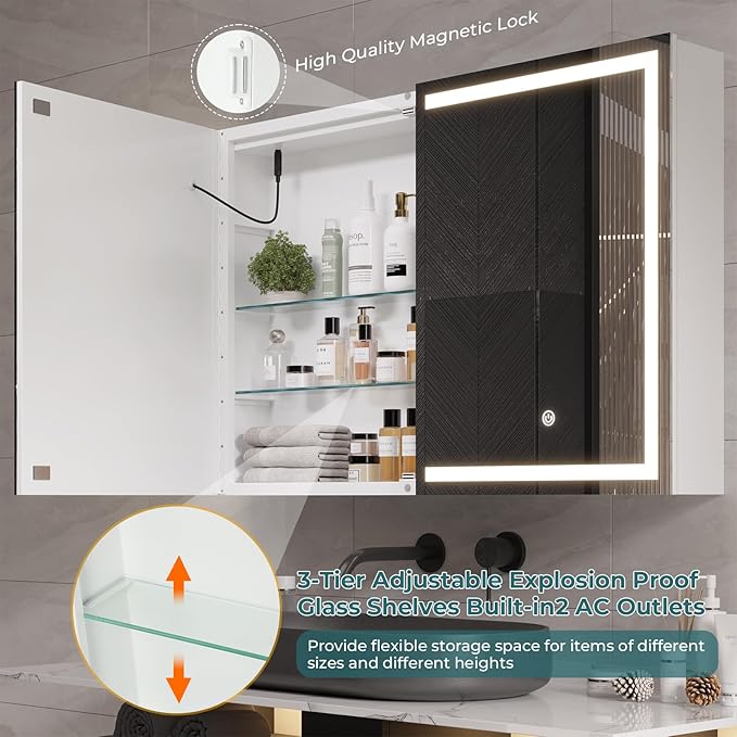 DICTAC Medicine Cabinet with Mirror and LED Light, Wall Mounted Bathroom Mirror with Storage, 2 Doors Bathroom Wall Cabinet, Memory Dimmable 3 Color Temp, Adjustable Shelves, 35.4''x23.6''