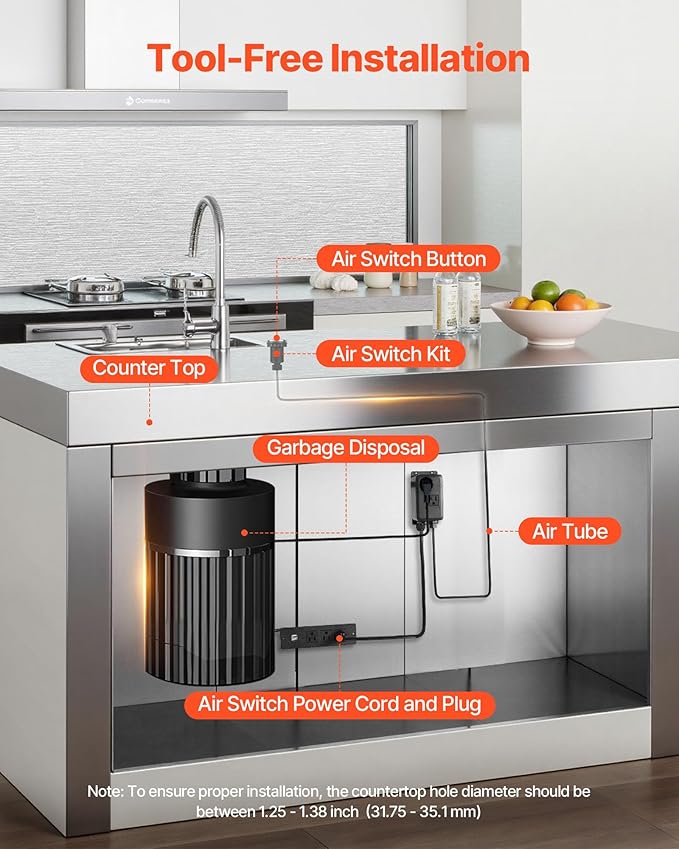 VEVOR Garbage Disposal Air Switch Kit, Dual Outlet Sink Top Air Switch for Food Waste Disposal, 2.5-inch Chrome-Plated Stainless Steel ON/OFF Air Push Button, Suitable for Stainless Steel Countertops