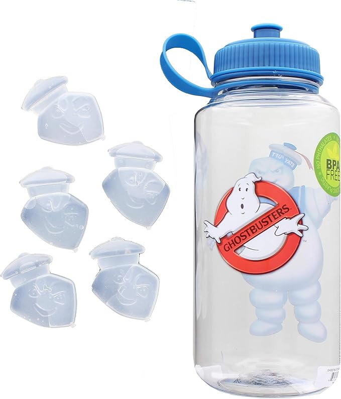 JUST FUNKY Official Ghostbusters Stay Puft Water Bottle - 32-Ounce Clear Container with Blue Lid and Ice Cube Molds - Features Giant Marshmallow Man and Film Logo - Licensed Franchise Merchandise