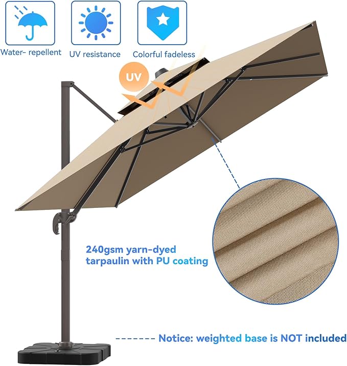 10x13FT Cantilever Outdoor Patio Umbrellas, Double Top Large Rectangle Umbrella, Heavy Duty 360° Rotation Offset Outdoor Sun Shade Umbrella for Garden Deck Pool Backyard Patio, Beige Brown