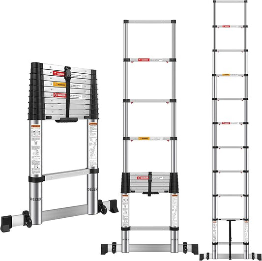 10.5 FT Stainless Steel Telescoping Ladders - One-Button Retraction Collapsible Extension Ladder for Home,RV,Attic,Lasts 375 LBS with Balance Bar and Wheels
