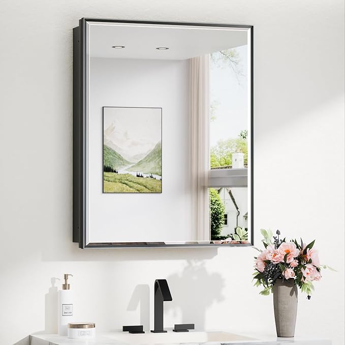 TokeShimi 24x30 Recessed Medicine Cabinet with Mirror Wall Mounted, Metal Beveled Mirror with Storage for Bathroom Vanity, Aluminum Alloy Medicine Cabinet Mirrored Black
