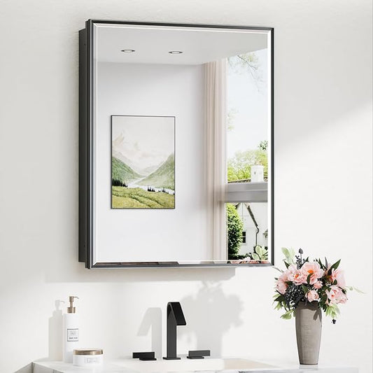 TokeShimi 24x30 Recessed Medicine Cabinet with Mirror Wall Mounted, Metal Beveled Mirror with Storage for Bathroom Vanity, Aluminum Alloy Medicine Cabinet Mirrored Black