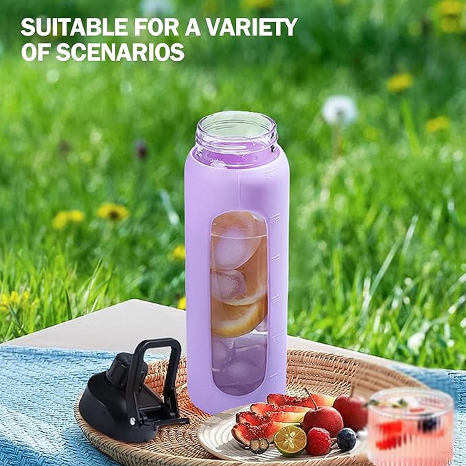 Glass Water Bottles with Straw -24oz- Water Bottle Phone Holder for Gym Sports Water Bottles with Silicone Sleeve Glass Drinking Bottles 2 Lids - Spout & Bamboo Straw Lid(Purple)