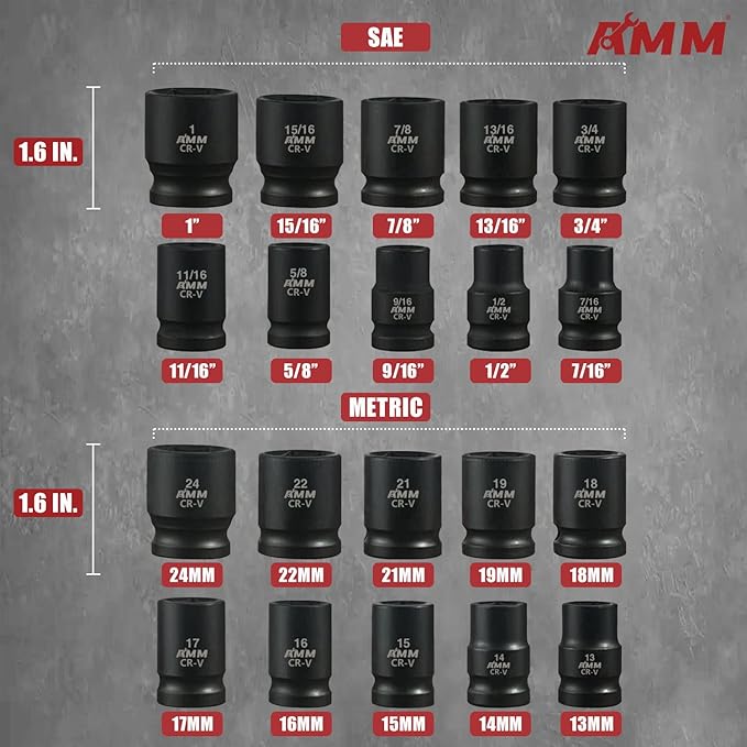 AMM 1/2" Drive Master Impact Socket Set, 24-Piece Shallow Standard SAE (7/16-Inch to 1-Inch) & Metric (13-24 mm) Sizes, Socket Assortment with Ratchet Handle，Cr-V Steel