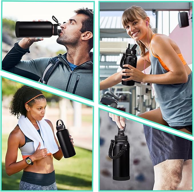 32-40-64OZ Stainless Steel Water Bottle - Black Water Bottle with Straw & Spout Lid, Paracord Handle & Bottle Sleeve, Insulated Vacuum Water Flask Double-Wall Metal Thermo Cup Canteen for Gym School