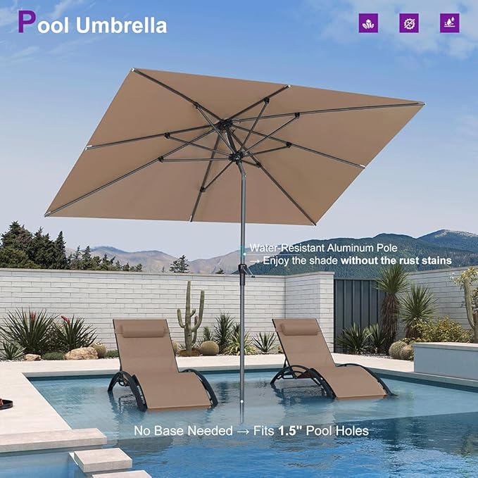 PURPLE LEAF 9' x 6' Rectangular Patio Umbrella Outdoor Table Umbrella Aluminum Frame Market Umbrella Sun Umbrella with 8 Sturdy Ribs Tilt for Garden Deck Lawn Pool Taupe