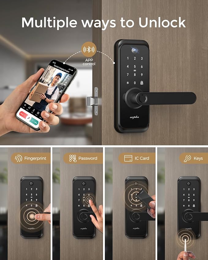 WiFi Video Smart Lock with Camera & Handle - 6-in-1 Keyless Entry (Fingerprint/App/Keypad/FOB/Key), Electric Deadbolt Door Knob for Front, Built-in WiFi, 2-Way Audio, Auto-Lock, Waterproof - Black