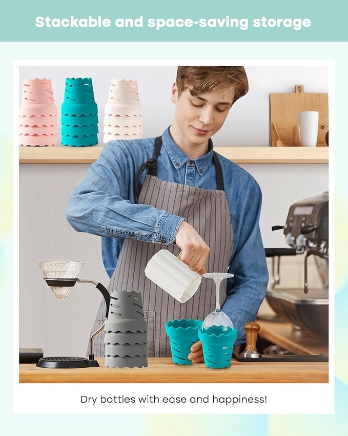 Water Bottle Drying Rack, Silicone Individual Faster Dryer Stand Holder for Cup, Wine Glass, Coffee Mug, Tumbles, Adult Travel Air Drying Rack, Space Saving, (Pink，4-Pack)