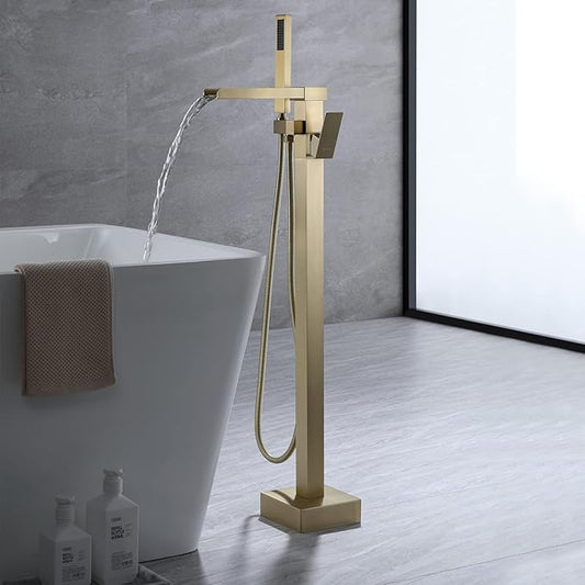 TapLong Freestanding Tub Faucet，Waterfall Tub Filler Freestanding Bathtub Faucet Brushed Gold Single Handle Stand Alone Brass Bathtub Faucet with Hand Held Shower, 51001ZBGG