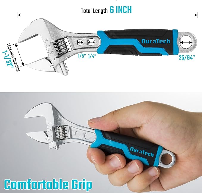 DURATECH 6 Inch Adjustable Wrench, 3-in-1 Spanner with Box End/Hex Function, CR-V Steel, Metric & SAE Scales, Chrome-plated, Bi-material soft Grip