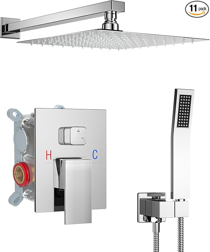 10 Inch Shower Faucet Set, Rainfall Shower System with Square Fixed Shower Head and High Pressure Handheld Shower Head, Spray Wall Mounted Rainfall Shower Fixtures, Polished Chrome