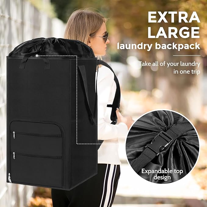 Extra Large Laundry Backpack Bag for College Dorm Room Camp Travel, Men Women Heavy Duty Laundry Hamper with Structure - Stand Itself and Easy Storage (Black)
