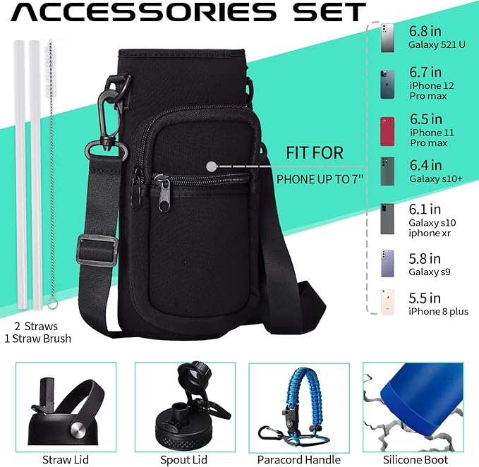 Stainless Steel Water Bottle 40oz - Insulated Water Bottle with Straw & Spout Lids, Survival Paracord, Strap Sleeve, Protective Cup Mat, Wide Mouth Thermo Flask Jug for Sports Gym or Office