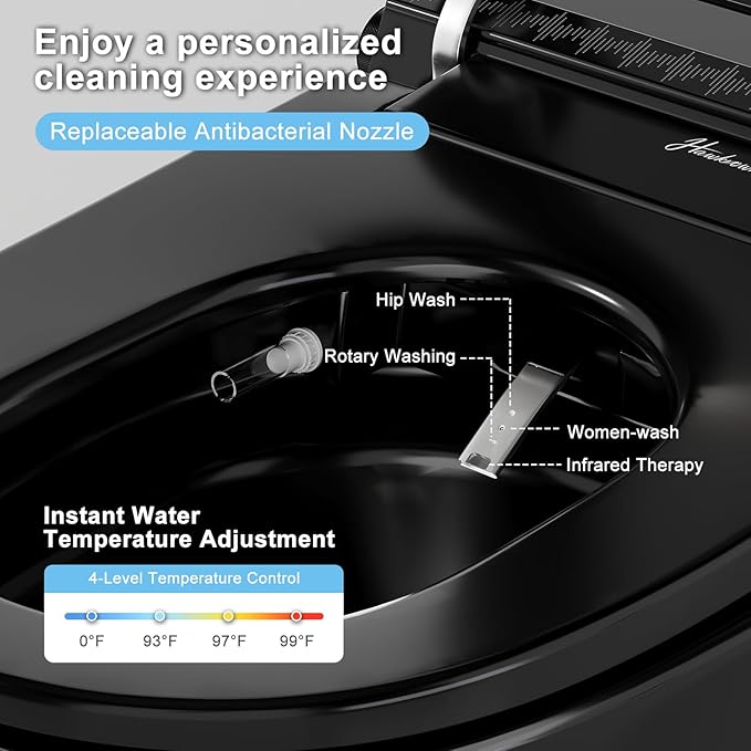 Smart Toilet with Built-in Tank and Air Boost Pump, Powerful Flush, Auto Open/Close Lid, ADA Height Heat Seat, Tankless Toilet with Instant Warm Water Cleaning Foam Dispenser (Black)