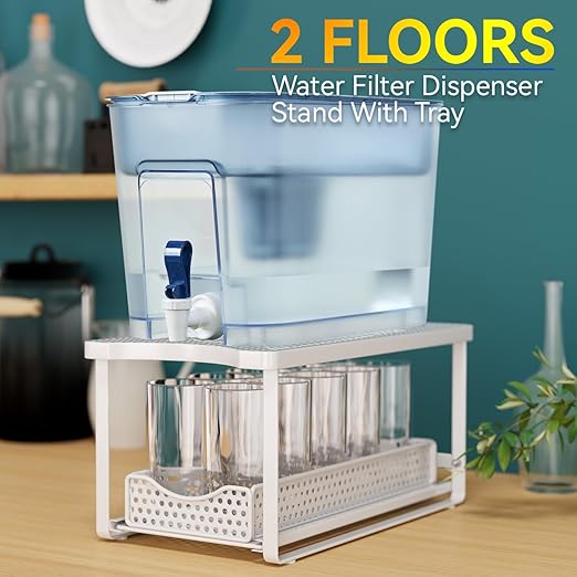 Water Dispenser Stand for Countertop-Metal Black Water Filter Stand 14.5"x7.7"x6.9",with Drawers Suitable,Compatible with Brita Water Pitcher and Zerowater Pitcher (White)