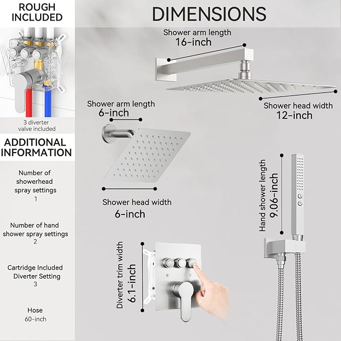 Shower System Dual Head，STARBATH 12+6" Rainfall Shower Head and Handheld Spray, Wall Mounted 3 Way Shower Faucet Set with Push Button Pressure Balance Valve and Trim Kit Brushed Nickel