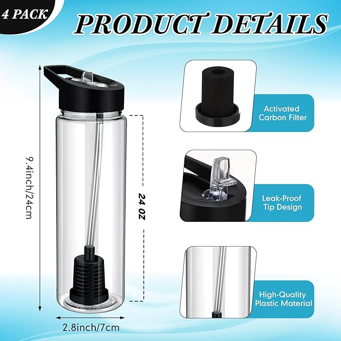 4 Pack Filtered Water Bottle Sports 24 oz Classic Water Bottle with Filter Portable Reusable Plastic Camping Hiking Water Filters with Straw for Travel Survival Backpacking Emergency