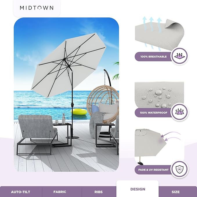 Midtown Umbrellas 10-Year-No-Fade - 10 Ft - UV Proof Off White Polyester Fabric - Umbrella Outdoor Patio, Aluminum Frame Large Patio Umbrella for Garden, Pool & Deck - Black Pole