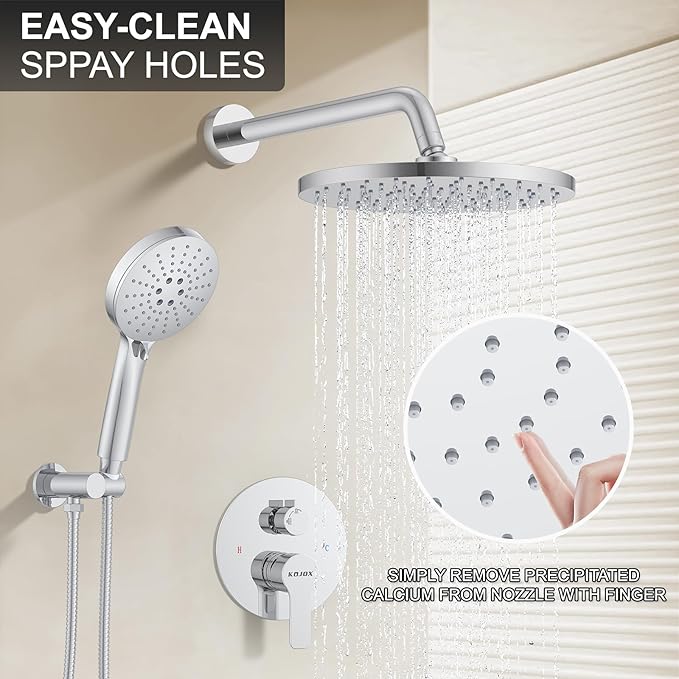 KOJOX Shower Set - Polished Chrome High Pressure Shower Head System- 3 Setting Headheld Shower Head Fixtures- Valve Included