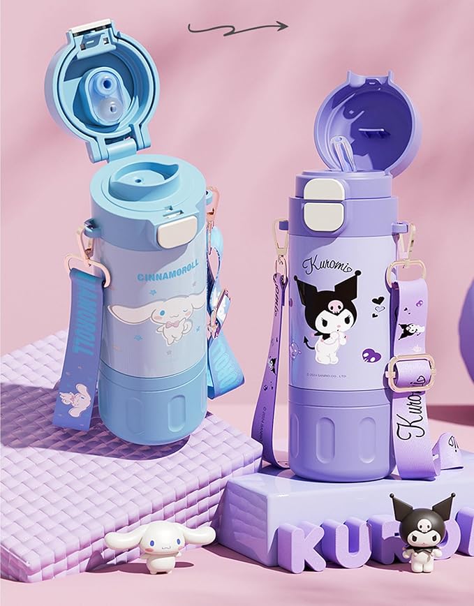 Kuromi Stainless Steel Insulated Water Bottle with Strap (Spout & Straw) 480ml - Purple