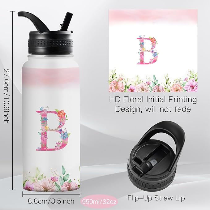 Personalized 32oz Water Bottle with Straw Customized Initial Letter Sport Bottles Monogrammed Initial Insulated Bottle Coffee Mug for Travel (B)
