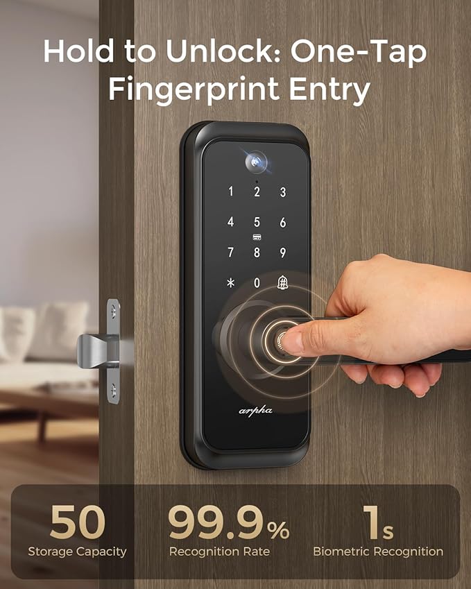 WiFi Video Smart Lock with Camera & Handle - 6-in-1 Keyless Entry (Fingerprint/App/Keypad/FOB/Key), Electric Deadbolt Door Knob for Front, Built-in WiFi, 2-Way Audio, Auto-Lock, Waterproof - Black