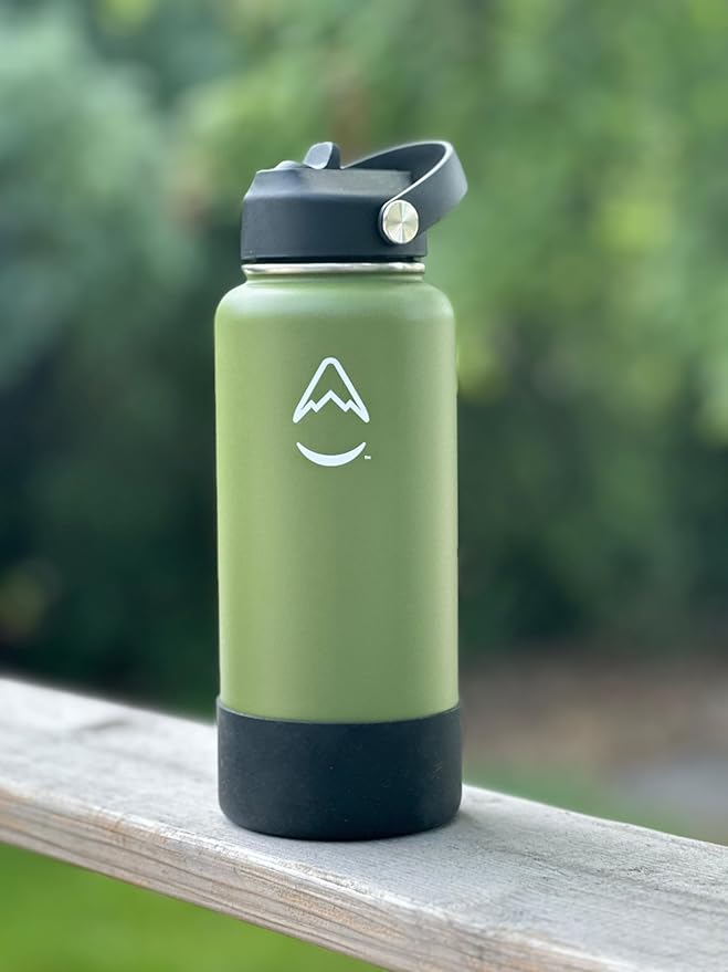 Revelist Sports Water Bottle - 32 Oz, 3 Lids (Straw Lid, Spout & Screw Top) with Boot, Vacuum Insulated Stainless Steel, Double Walled, Reusable Water Flask, Metal Canteen - Green & Black