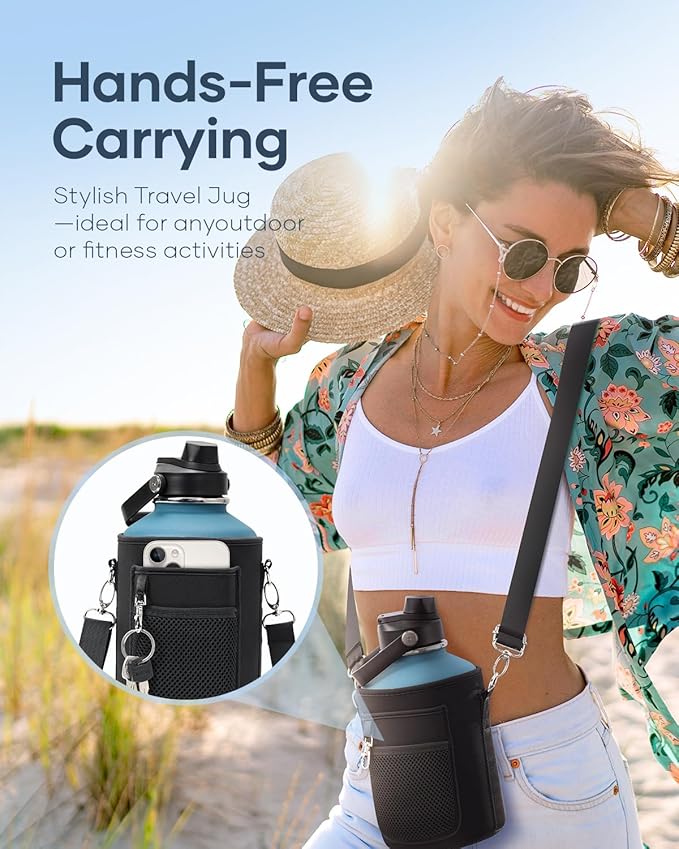 BUZIO 64 oz Insulated Water Bottle, Half Gallon Stainless Steel Water Jug with Straw Lid & Carrying Case, Keep Cold 48h Large Lead-Free Vacuum Metal Thermo Water Flask for sports Camp, Indigo Crush