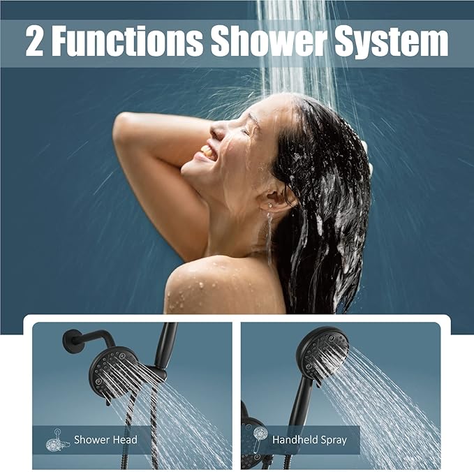 Aolemi Shower Faucet Set Rain Shower Head System Shower Trim Kit Pressure Rough-in Valve Included ABS 8 Setting Dual Shower Head and Handheld Spray Matte Black