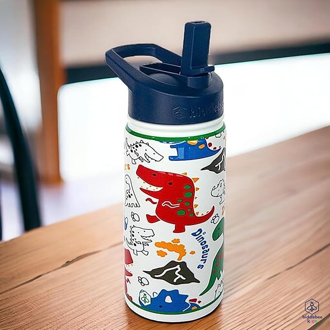 Biddlebee Kids Water Bottle with Straw Lid | 14oz Insulated Stainless Steel Reusable Bottles for School | Leak Proof Cap with Handle & Touch Free Spout | Great for Boys & Girls (Colorful Dinosaurs)