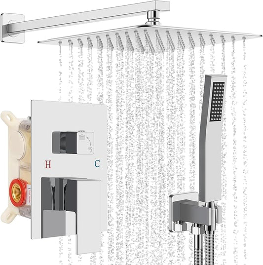 Shower Faucet Set Bathroom Square Rain Shower Head and Handle Set, Wall Mounted Shower Fixtures With Shower Valve and Trim Kit 12 inch Brushed Nickel