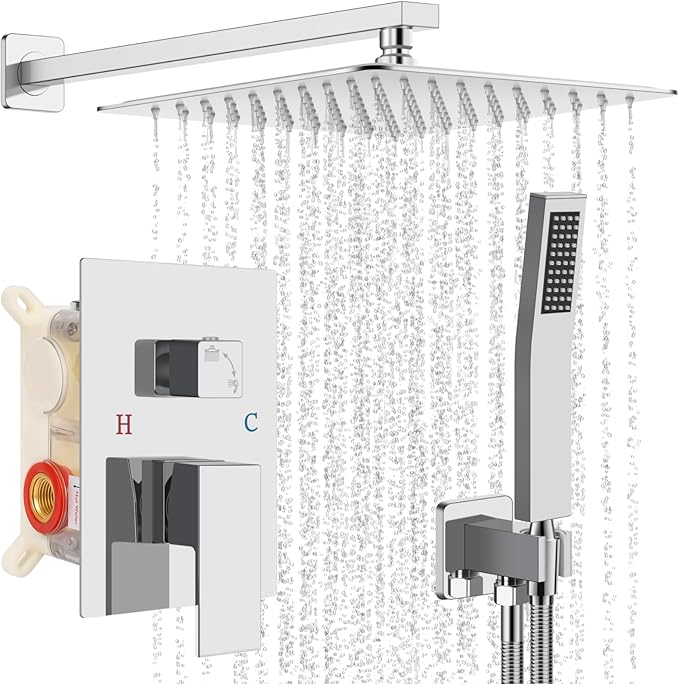 Shower Faucet Set Bathroom Square Rain Shower Head and Handle Set, Wall Mounted Shower Fixtures With Shower Valve and Trim Kit 10 inch Brushed Nickel