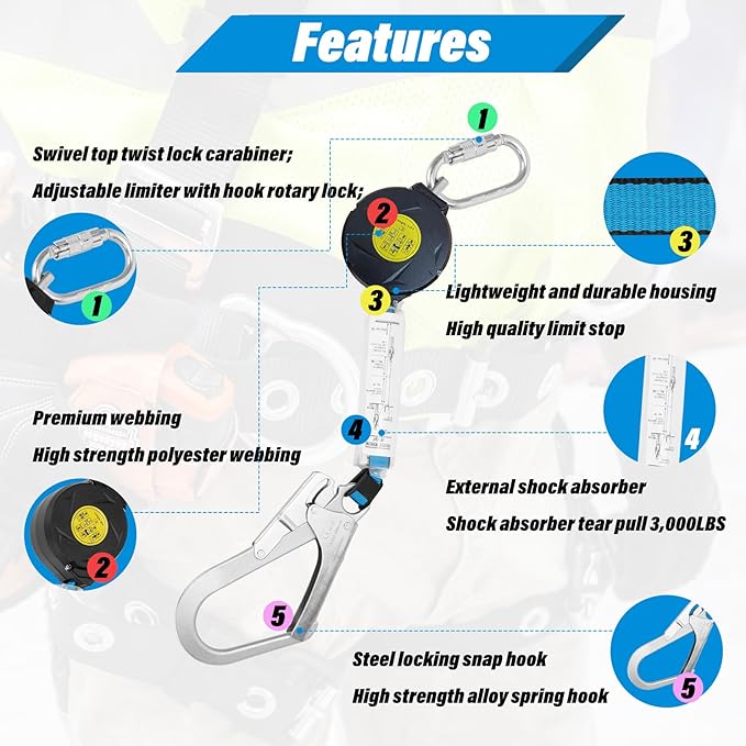 11FT Self Retracting Lifeline, Retractable Safety Lanyard 11ft Fall Protection with Swivel Top Rebar Hook and Shock Pack Absorber, Fall Protection Lanyard 11ft for House Construction Industry