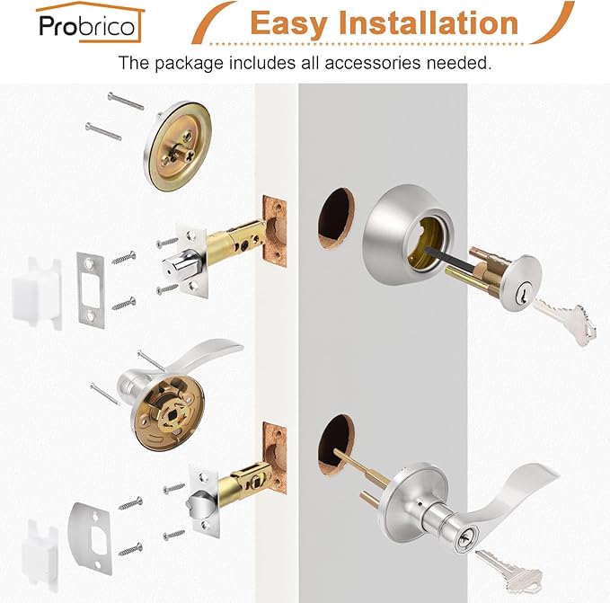 Probrico Entry Door Handle Set with Single Cylinder Deadbolts Combo Pack,Satin Nickel Finish Door Levers with Lock&Keys, Wave Style Door Handleset Keyed Alike, Modern Door Lever Set