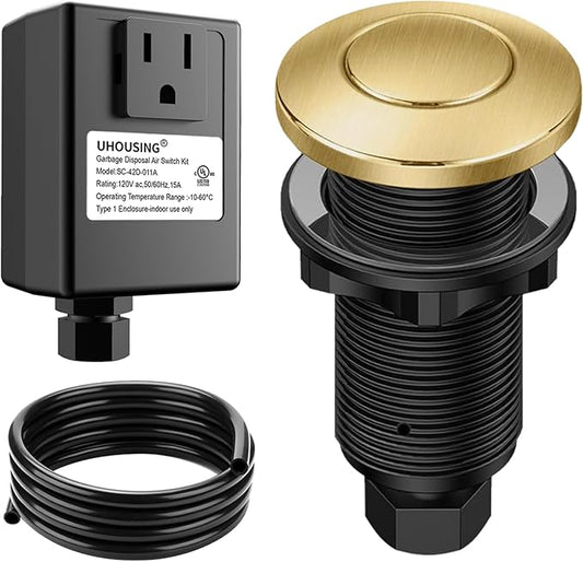 Garbage Disposal Air Switch Kit - UL Certified Sink Top Switch with Long 3.5" Brass Button by UHOUSING, Complete All-in-One Kit for All Disposals (Brushed Gold)