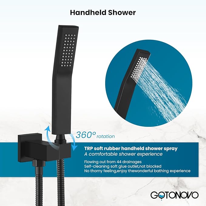 gotonovo Shower System with Tub Spout,Waterfall Tub Shower Faucet Set for Bathroom Head and Handle Set Wall Mounted 3 Function Rough-in Valve and Trim Included 10 inch Shower Head Matte Black