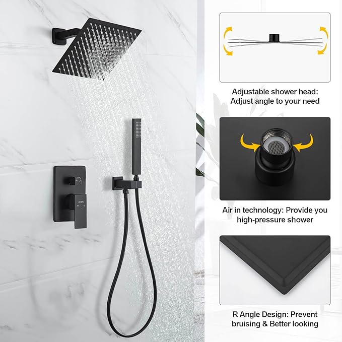 Shower System with Handheld Shower, Rainfall Shower Faucet Set with 10 Inch Shower Head and Handheld Wall Mounted Bathroom Shower System Faucet Set Rough-in Valve and Trim Kit, Matte Black