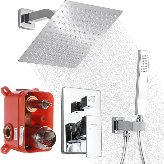Rain Shower System with Handheld Shower, 10 Inch Wall Mounted Shower Faucet Set Bathroom Luxury Rain Mixer Shower Combo Set Rough-in Valve and Trim Kit, Chrome