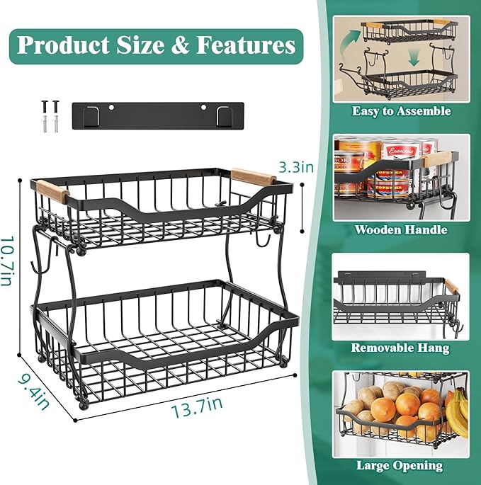 Giwil 2 Tier Countertop Fruit Basket for Kitchen, Vegetable Storage Bread Fruit Bowl Stand with 2 Banana Hangers, Wall Mounted Metal Wire Basket Organizer for Potato Onion, Black